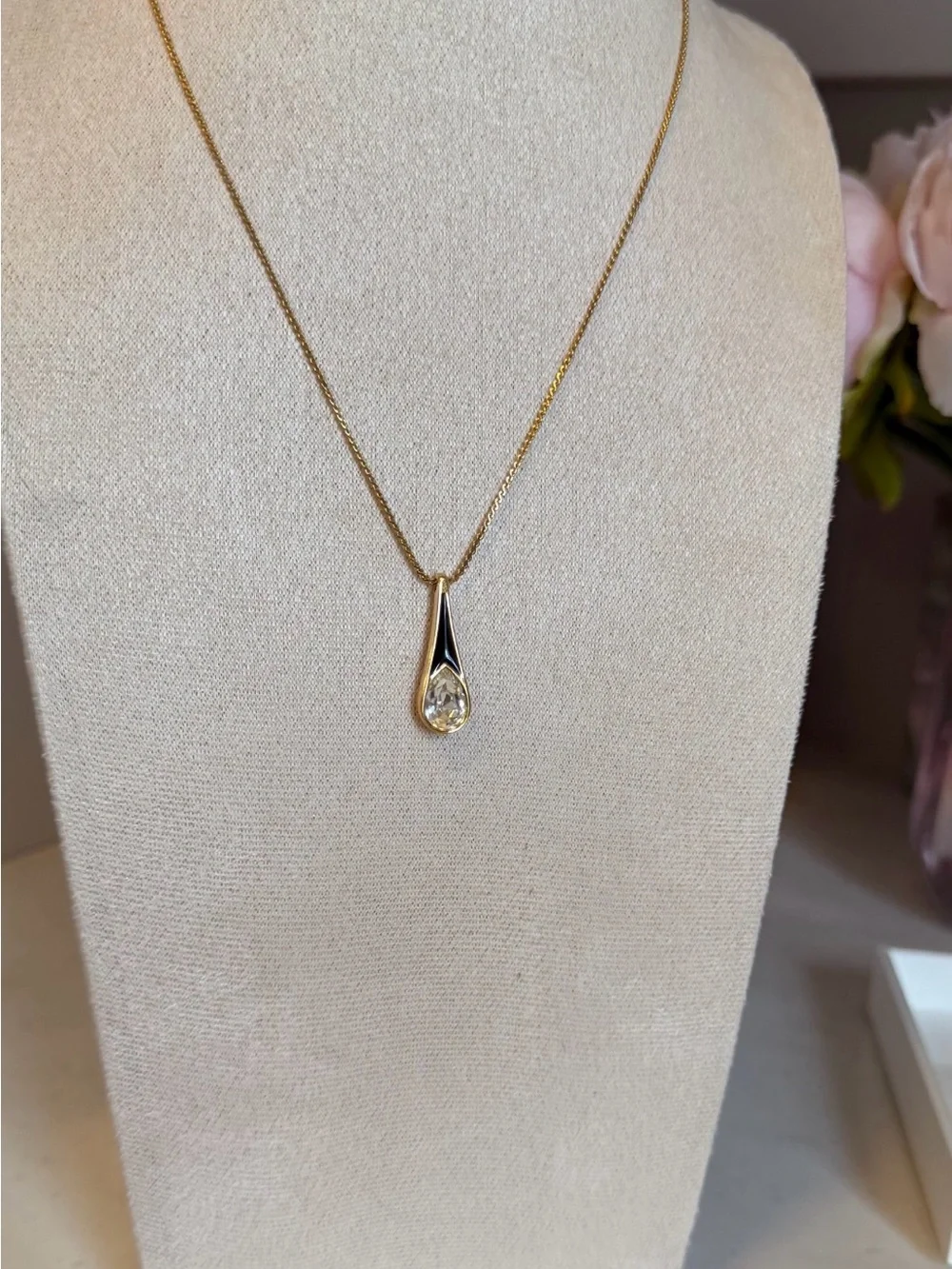 Givenchy Gold Teardrop Pendant Necklace with Clear Crystal